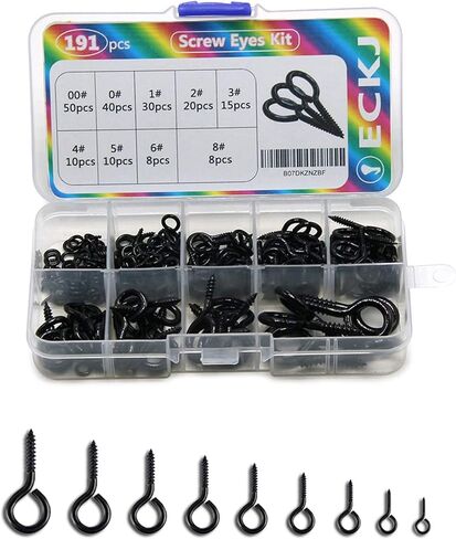 ECKJ 191pcs Screw Eyes Zinc Plated Metal Eye Shape Screw Self Tapping Screws Includes 9 Sizes Color Black in Kuwait