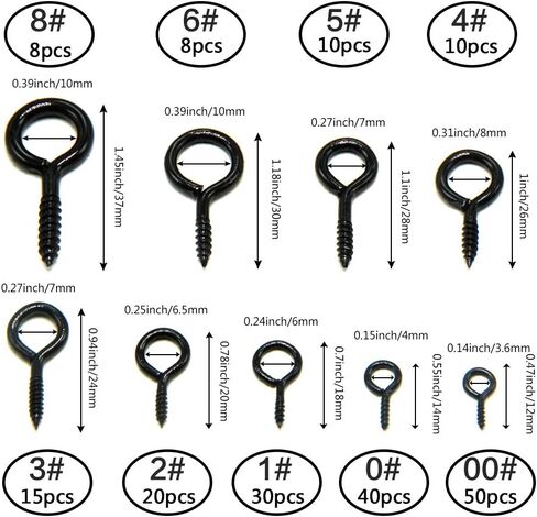 ECKJ 191pcs Screw Eyes Zinc Plated Metal Eye Shape Screw Self Tapping Screws Includes 9 Sizes Color Black in Kuwait