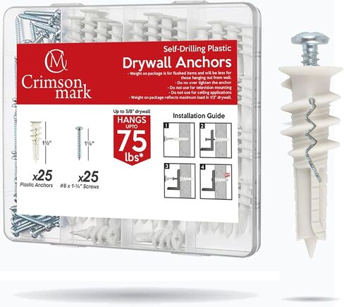 CrimsonMark 20Pcs Self Drilling Drywall Anchors and Screws kit #8 x 1-1/4"- Superb Wall Anchors for Drywall, Holds Upto 75lbs – No Drill Hole Required with These Dry Wall Screws and Anchors in Saudi Arabia