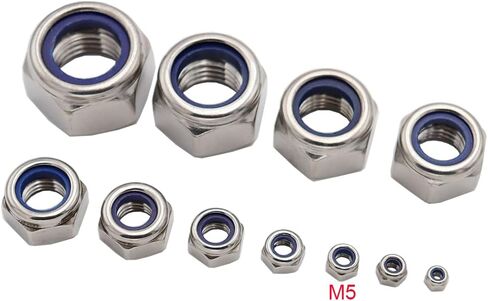 M5x0.8mm Nylon Insert Hex Lock Nuts 100 Pack 304 Stainless Steel DIN985 Self-Locking Nylon Lock Nuts Plain Finish for Industrial Construction Fasteners in Saudi Arabia