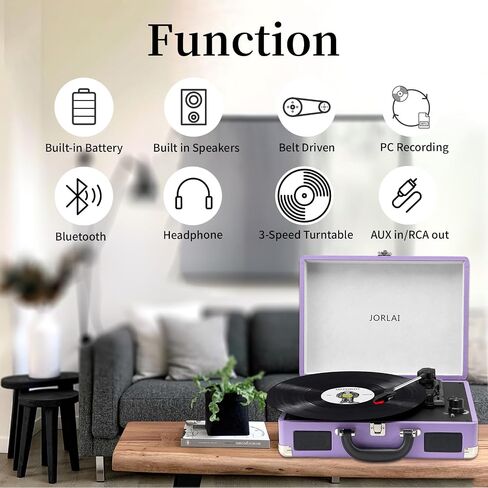 Portable Record Player with Bluetooth 3 Speed Turntable Built in Rechargeable Battery Vintage Suitcase Design with RCA Line Out and Aux in in Saudi Arabia