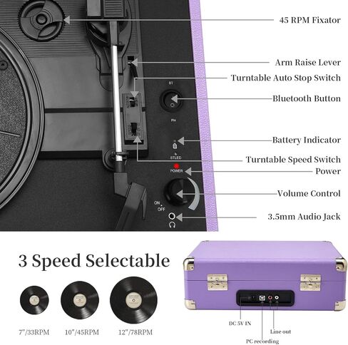 Portable Record Player with Bluetooth 3 Speed Turntable Built in Rechargeable Battery Vintage Suitcase Design with RCA Line Out and Aux in in Saudi Arabia