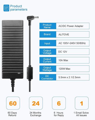 ALITOVE 12V Power Supply 10A 120W AC Adapter 100-240V 50-60HZ Transformer AC to DC Converter 12 Volt 10 Amp with 5.5x2.5mm Output Jack for 5050 3528 LED Strip Light CCTV Cameras 3D Printer in Kuwait