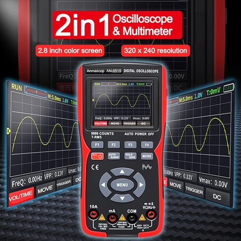 2 في 1 راسم ذبذبات ومقياس متعدد محمول، شاشة IPS مقاس 2.8 بوصة، عرض نطاق ترددي لقناة واحدة 10 ميجا هرتز، معدل أخذ عينات عالي 48 مللي ثانية في الثانية، جهد إدخال ±400 فولت، يقيس جهاز اختبار أوم فولت in Kuwait