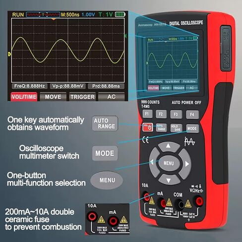 2 في 1 راسم ذبذبات ومقياس متعدد محمول، شاشة IPS مقاس 2.8 بوصة، عرض نطاق ترددي لقناة واحدة 10 ميجا هرتز، معدل أخذ عينات عالي 48 مللي ثانية في الثانية، جهد إدخال ±400 فولت، يقيس جهاز اختبار أوم فولت in Kuwait