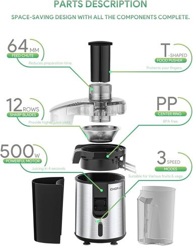 Juicer Machine, 500W Juicer for Fruit and Vegetable, Compact Centrifugal Juicer Extractor Juice Maker with 3-Speed Setting, Easy to Clean, Stainless Steel, BPA Free in Kuwait