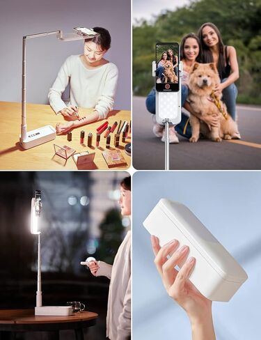 حامل Woumlaiy Selfie مع حامل هاتف يدور 360 درجة، قابل للطي/قابل لإعادة الشحن/لاسلكي/تسجيل علوي مع بطارية 1000 مللي أمبير في الساعة للبث المباشر/المكياج/YouTube/Tiktok/Vlog، 7 مصابيح LED سطوع (أبيض) in Kuwait