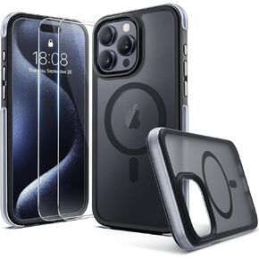 حافظة Pop-tech لهاتف iPhone 15 Pro-Max: مع واقي شاشة من الزجاج المقسى 2X حافظة هاتف سوداء غير لامعة للحماية من السقوط العسكري لـ MagSafe - غطاء مغناطيسي شفاف مقاوم للصدمات لهاتف Apple 15 Pro Max in Kuwait