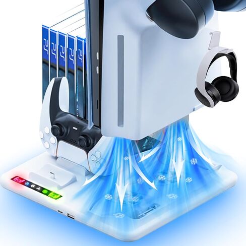 abroive PS5 Slim Cooling Stand with Controller Charging Station for Playstation 5 Slime Console, PS5 Slim Accessories with 2 Cooling Fan,2 Headset Holder, 6 Game Slots in Saudi Arabia