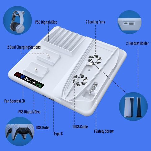 abroive PS5 Slim Cooling Stand with Controller Charging Station for Playstation 5 Slime Console, PS5 Slim Accessories with 2 Cooling Fan,2 Headset Holder, 6 Game Slots in Saudi Arabia