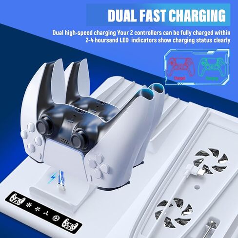 abroive PS5 Slim Cooling Stand with Controller Charging Station for Playstation 5 Slime Console, PS5 Slim Accessories with 2 Cooling Fan,2 Headset Holder, 6 Game Slots in Saudi Arabia