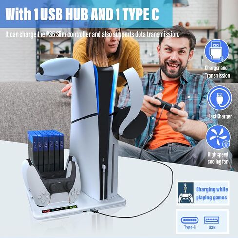 abroive PS5 Slim Cooling Stand with Controller Charging Station for Playstation 5 Slime Console, PS5 Slim Accessories with 2 Cooling Fan,2 Headset Holder, 6 Game Slots in Saudi Arabia