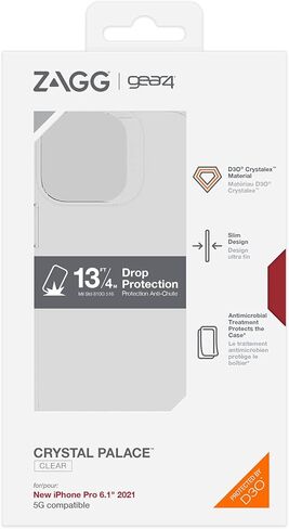 حافظة Gear4 الشفافة لهاتف iPhone 13 PRO، متوافقة مع الشحن اللاسلكي، نحيفة وخفيفة الوزن [13 FT D30 Impact Protection] سلسلة Crystal Palace، شفافة in Kuwait