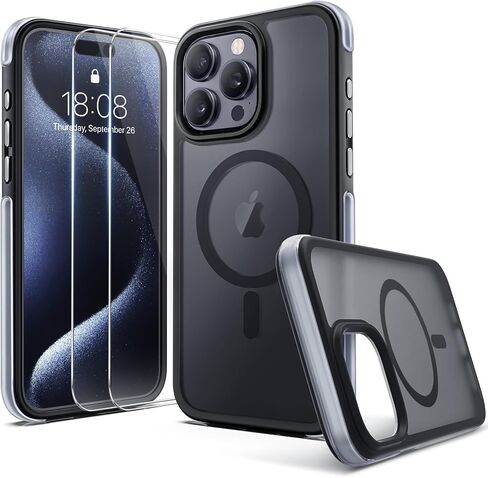 حافظة Pop-tech لهاتف iPhone 15 Pro-Max: مع واقي شاشة من الزجاج المقسى 2X حافظة هاتف سوداء غير لامعة للحماية من السقوط العسكري لـ MagSafe - غطاء مغناطيسي شفاف مقاوم للصدمات لهاتف Apple 15 Pro Max in Kuwait