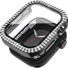متوافق مع Mugust لحافظة ساعة Apple Watch مدمجة في واقي شاشة من الزجاج المقوى 45 مم سلسلة 9 8 7 كريستال الماس حجر الراين ممتص للصدمات جرابات iWatch غطاء واقٍ للنساء والفتيات، وردي