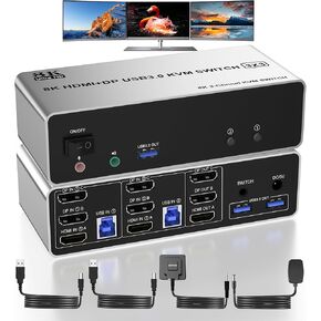 HDMI + 2 منفذ عرض KVM Switch 3 شاشات 2 جهاز كمبيوتر، شاشة ثلاثية 8K@60 هرتز KVM 2 كمبيوتر مع 3 منافذ USB 3.0، 2 جهاز كمبيوتر 3 شاشات KVM مع ميكروفون صوتي ومحول لوحة مفاتيح وماوس in Kuwait