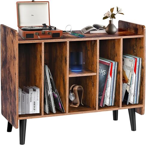 BOEASTER Large Record Player Stand with Vinyl Storage, Record Player Table Up to 200 Albums, Turntable Stand with Power Outlet, Vinyl Record Storage Cabinet with Wood Legs for Bedroom Living Room in Kuwait