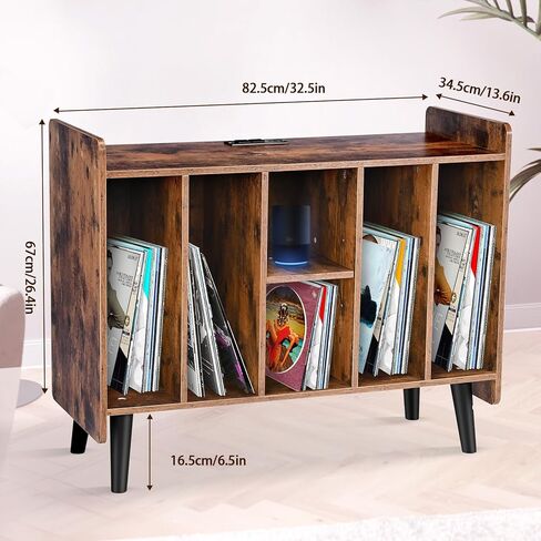 BOEASTER Large Record Player Stand with Vinyl Storage, Record Player Table Up to 200 Albums, Turntable Stand with Power Outlet, Vinyl Record Storage Cabinet with Wood Legs for Bedroom Living Room in Kuwait