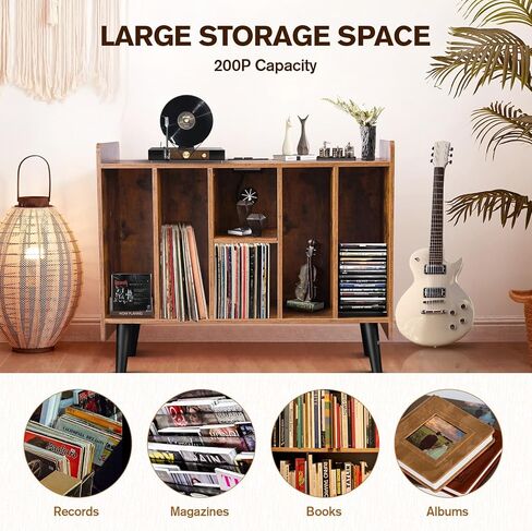 BOEASTER Large Record Player Stand with Vinyl Storage, Record Player Table Up to 200 Albums, Turntable Stand with Power Outlet, Vinyl Record Storage Cabinet with Wood Legs for Bedroom Living Room in Kuwait
