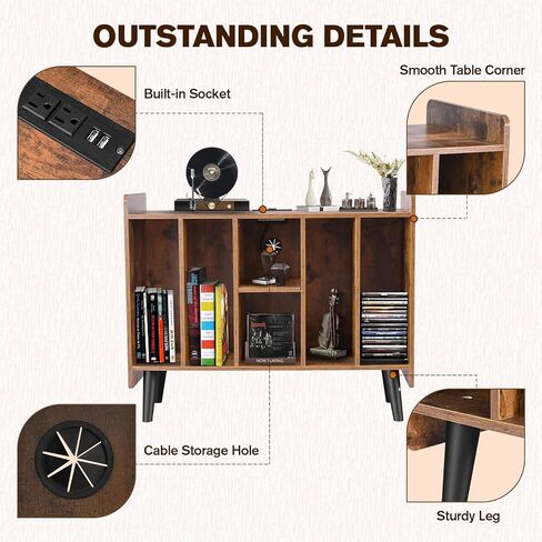 BOEASTER Large Record Player Stand with Vinyl Storage, Record Player Table Up to 200 Albums, Turntable Stand with Power Outlet, Vinyl Record Storage Cabinet with Wood Legs for Bedroom Living Room in Kuwait