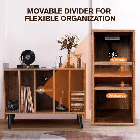 BOEASTER Large Record Player Stand with Vinyl Storage, Record Player Table Up to 200 Albums, Turntable Stand with Power Outlet, Vinyl Record Storage Cabinet with Wood Legs for Bedroom Living Room in Kuwait