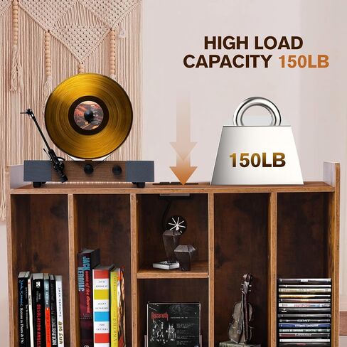 BOEASTER Large Record Player Stand with Vinyl Storage, Record Player Table Up to 200 Albums, Turntable Stand with Power Outlet, Vinyl Record Storage Cabinet with Wood Legs for Bedroom Living Room in Kuwait