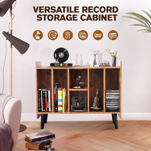 BOEASTER Large Record Player Stand with Vinyl Storage, Record Player Table Up to 200 Albums, Turntable Stand with Power Outlet, Vinyl Record Storage Cabinet with Wood Legs for Bedroom Living Room in Kuwait