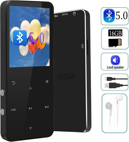 Mp3 Player with Bluetooth 5.0,16GB Music Player with Speaker,Portable HiFi Sound with FM Radio,Voice Recorder,E-Book,Sport Pedometer,Super Light Metal Shell Touch Buttons with TF Card Expansion in Kuwait