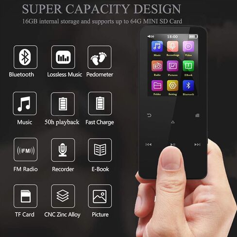 Mp3 Player with Bluetooth 5.0,16GB Music Player with Speaker,Portable HiFi Sound with FM Radio,Voice Recorder,E-Book,Sport Pedometer,Super Light Metal Shell Touch Buttons with TF Card Expansion in Kuwait