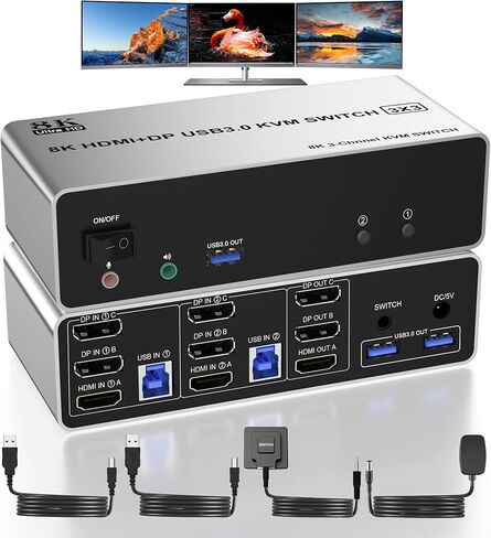 HDMI + 2 منفذ عرض KVM Switch 3 شاشات 2 جهاز كمبيوتر، شاشة ثلاثية 8K@60 هرتز KVM 2 كمبيوتر مع 3 منافذ USB 3.0، 2 جهاز كمبيوتر 3 شاشات KVM مع ميكروفون صوتي ومحول لوحة مفاتيح وماوس in Kuwait