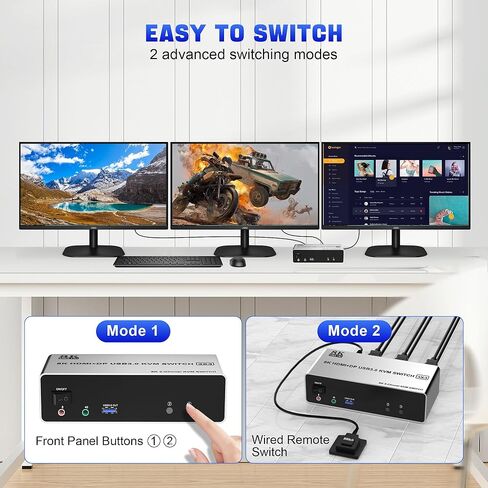 HDMI + 2 منفذ عرض KVM Switch 3 شاشات 2 جهاز كمبيوتر، شاشة ثلاثية 8K@60 هرتز KVM 2 كمبيوتر مع 3 منافذ USB 3.0، 2 جهاز كمبيوتر 3 شاشات KVM مع ميكروفون صوتي ومحول لوحة مفاتيح وماوس in Kuwait