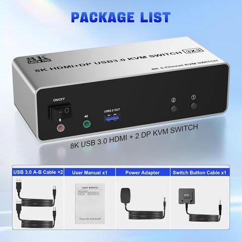 HDMI + 2 منفذ عرض KVM Switch 3 شاشات 2 جهاز كمبيوتر، شاشة ثلاثية 8K@60 هرتز KVM 2 كمبيوتر مع 3 منافذ USB 3.0، 2 جهاز كمبيوتر 3 شاشات KVM مع ميكروفون صوتي ومحول لوحة مفاتيح وماوس in Kuwait