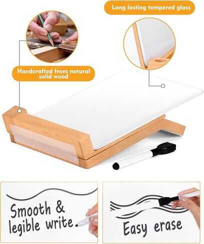 FANGSUN Desktop Whiteboard, Glass Desk Dry Erase Board with Reversible Wood Stand, Small White Board for Desk, Mini Tabletop Notepad Easel with Pen Holder for Office, Home, 9.5"×6.7", Marker Included in Kuwait