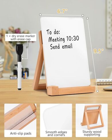 FANGSUN Desktop Whiteboard, Glass Desk Dry Erase Board with Reversible Wood Stand, Small White Board for Desk, Mini Tabletop Notepad Easel with Pen Holder for Office, Home, 9.5"×6.7", Marker Included in Kuwait