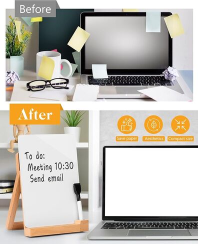 FANGSUN Desktop Whiteboard, Glass Desk Dry Erase Board with Reversible Wood Stand, Small White Board for Desk, Mini Tabletop Notepad Easel with Pen Holder for Office, Home, 9.5"×6.7", Marker Included in Kuwait