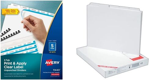 Avery 5 Tab Unpunched Dividers for Use with Any Binding System, Easy Print & Apply Clear Label Strip, Index Maker Customizable White Tabs, 25 Sets (11443) in Kuwait