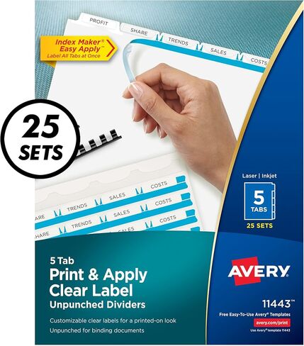 Avery 5 Tab Unpunched Dividers for Use with Any Binding System, Easy Print & Apply Clear Label Strip, Index Maker Customizable White Tabs, 25 Sets (11443) in Kuwait
