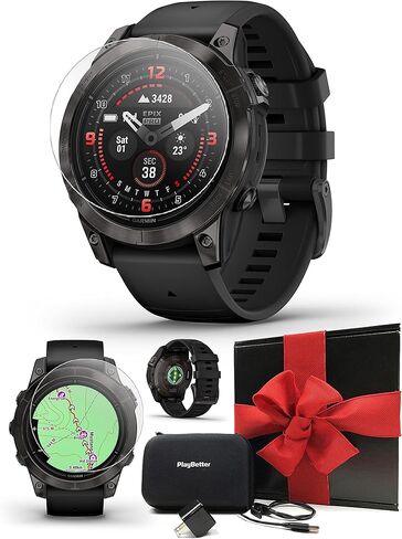 PlayBetter Garmin epix Pro (Gen 2) Sapphire (Carbon Gray DLC/Black, 42mm) GPS Outdoor Watch Gift Box Bundle - AMOLED Display & Built-in Flashlight - includes Screen Protectors, Wall Adapter & Case in Kuwait
