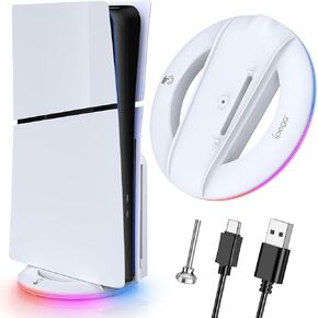 Auarte 2023 LED Vertical Stand for PS5 Slim Console Disc and Digital with 14 Light Mode, RGB Base Stand Replacement for Playstation 5 Slim Console with Screw ＆ USB Cable, White in Kuwait