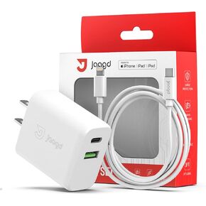 شاحن Jaagd 20 واط لأجهزة iPhone وiPad، مجموعة شاحن حائط مزدوج USB C وUSB مع كابل Lightning من النوع C متوافق مع iPhone 14/13/13 Pro/13 Pro max/iPhone 12/12 Pro max/X والمزيد in Saudi Arabia