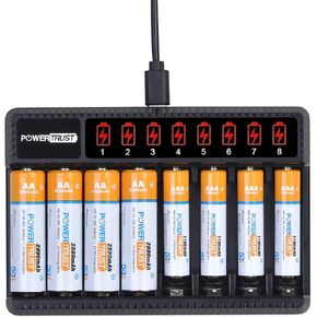 بطاريات PowerTrust AA القابلة لإعادة الشحن وبطاريات AAA (4 عبوات) مع شاحن بطاريات AA AAA ذو 8 فتحات، شاحن بطارية Ni-Mh قابل لإعادة الشحن in Kuwait