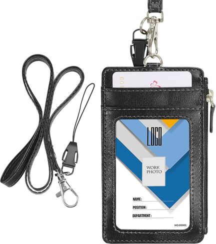 حامل شارة بسحاب، حامل شارة هوية الكلية من جلد البولي يوريثان على الوجهين من Wisdompro School Supply مع نافذة واحدة لبطاقة الهوية، 4 فتحات لحامل البطاقات، 1 جيب جانبي وحبل رقبة من الجلد مقاس 20 بوصة - أسود عمودي in Saudi Arabia