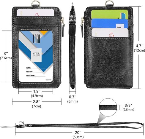 حامل شارة بسحاب، حامل شارة هوية الكلية من جلد البولي يوريثان على الوجهين من Wisdompro School Supply مع نافذة واحدة لبطاقة الهوية، 4 فتحات لحامل البطاقات، 1 جيب جانبي وحبل رقبة من الجلد مقاس 20 بوصة - أسود عمودي in Saudi Arabia