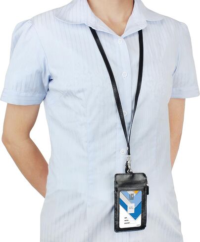 حامل شارة بسحاب، حامل شارة هوية الكلية من جلد البولي يوريثان على الوجهين من Wisdompro School Supply مع نافذة واحدة لبطاقة الهوية، 4 فتحات لحامل البطاقات، 1 جيب جانبي وحبل رقبة من الجلد مقاس 20 بوصة - أسود عمودي in Saudi Arabia
