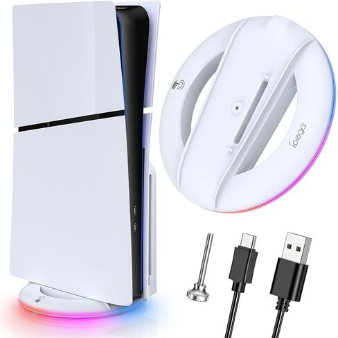 Auarte 2023 LED Vertical Stand for PS5 Slim Console Disc and Digital with 14 Light Mode, RGB Base Stand Replacement for Playstation 5 Slim Console with Screw ＆ USB Cable, White in Kuwait