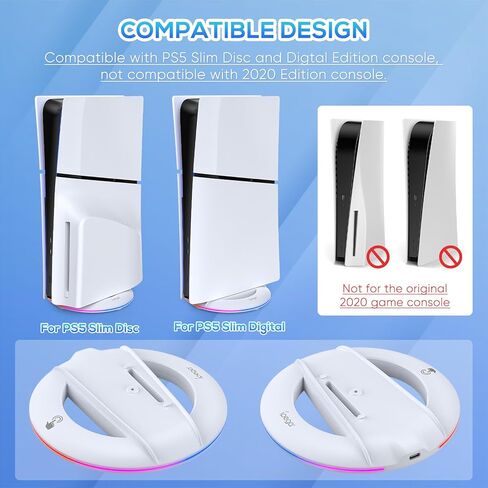 Auarte 2023 LED Vertical Stand for PS5 Slim Console Disc and Digital with 14 Light Mode, RGB Base Stand Replacement for Playstation 5 Slim Console with Screw ＆ USB Cable, White in Kuwait