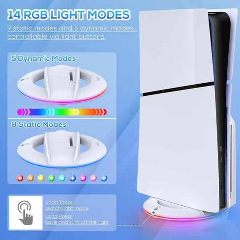 Auarte 2023 LED Vertical Stand for PS5 Slim Console Disc and Digital with 14 Light Mode, RGB Base Stand Replacement for Playstation 5 Slim Console with Screw ＆ USB Cable, White in Kuwait