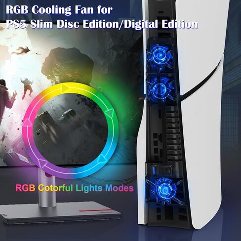 جراثيا مروحة تبريد لوحدة تحكم بلاي ستيشن 5 سليم، مروحة تبريد PS5 مع اضاءة LED RGB، سرعتان للمروحة، 3 مراوح صغيرة، منفذ USB 3.0 متوافقة مع بلاي ستيشن 5 الاصدار الرقمي والاقراص، LT2-0073 in Kuwait