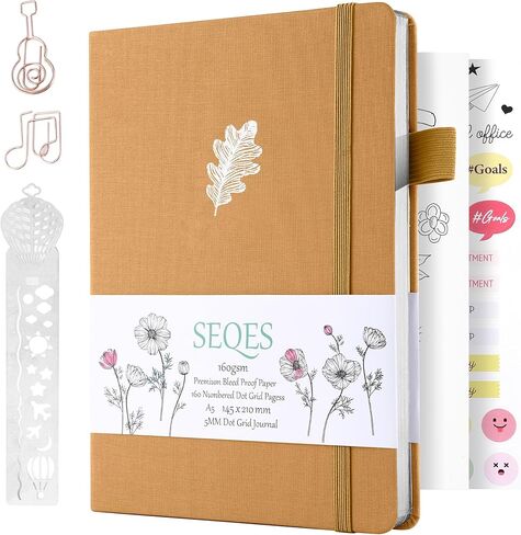 مجلة SeQeS Bullet Dotted Journal - دفتر ملاحظات بشبكة منقطة مقاس A5 مع رقم الصفحات، ورق مقاوم للنزيف 160 جرامًا للمتر المربع، حافة فضية للمنظمين الشخصيين، ومجلات رصاصة، وأوراق البلوط اليومية in Kuwait