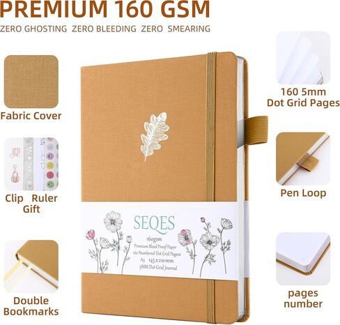 مجلة SeQeS Bullet Dotted Journal - دفتر ملاحظات بشبكة منقطة مقاس A5 مع رقم الصفحات، ورق مقاوم للنزيف 160 جرامًا للمتر المربع، حافة فضية للمنظمين الشخصيين، ومجلات رصاصة، وأوراق البلوط اليومية in Kuwait
